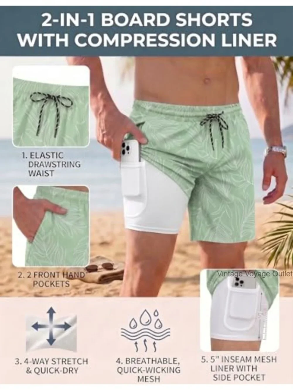 Men Swim Trunks with Compression Liner Quick Dry Bathing Suit 2 in 1